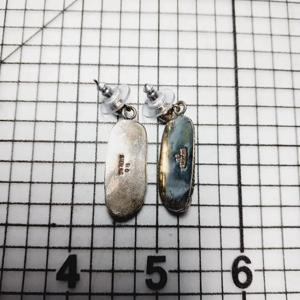Earrings Pierced VTG Post Dangle BC Sterling Silver White Inlay Artsy Southwest